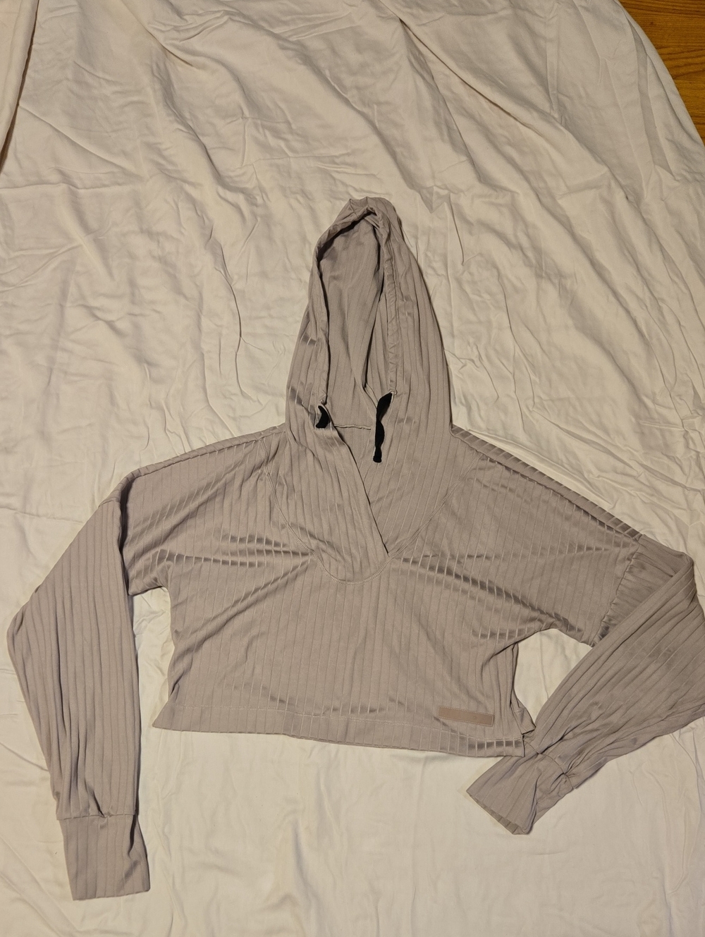 Cropped Ribbed Hooded Long-Sleeve Top - Light Taupe